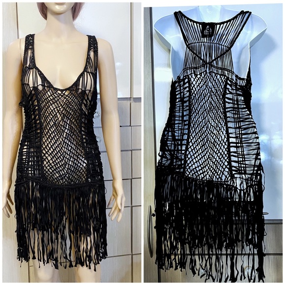 UNIF black fringed crochet macrame layering dress - Picture 6 of 8